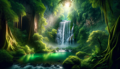 A scenic view of a waterfall in a lush forest, with a hidden cave behind it. Fantasy concept , Illustration painting