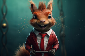 Funny anthropomorphic squirrel in red jacket and red tie. - obrazy, fototapety, plakaty