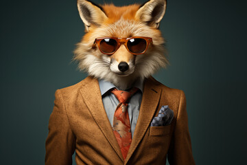 Fashion portrait of anthropomorphic fox wearing a suit and sunglasses.