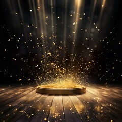 golden confetti rain on festive stage with light beam in the middle, empty room at night mockup with copy space for award ceremony, jubilee, New Year's party or product presentations - Generative AI