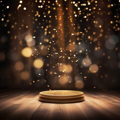 golden confetti rain on festive stage with light beam in the middle, empty room at night mockup with copy space for award ceremony, jubilee, New Year's party or product presentations - Generative AI