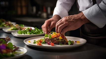 Food stylist meticulously decorating mouthwatering meal for elegant restaurant presentation. Professional cook add some spices to dish, decorating delicious meal for guests. Food, cooking concept. 