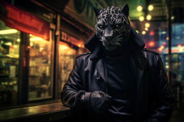 Portrait of a leopard wearing in a black leather jacket and gloves on a night city street. Anthropomorphic animal character