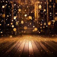golden confetti rain on festive stage with light beam in the middle, empty room at night mockup with copy space for award ceremony, jubilee, New Year's party or product presentations - Generative AI