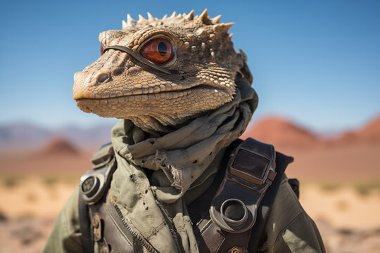 Portrait of anthropomorphic lizard in the desert. Animal character