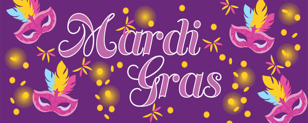 Fototapeta na wymiar Beautiful greeting card for Mardi Gras (Fat Tuesday) with carnival masks