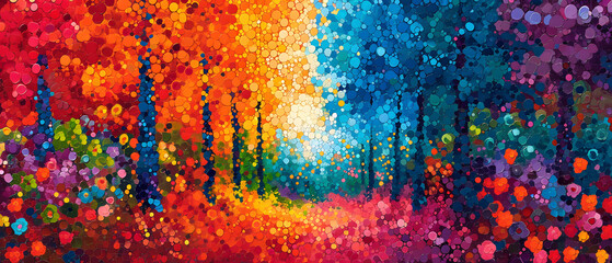 A vibrant display of nature's beauty captured through a child's abstract use of colorful acrylic paint, creating a modern and mesmerizing circle art of trees