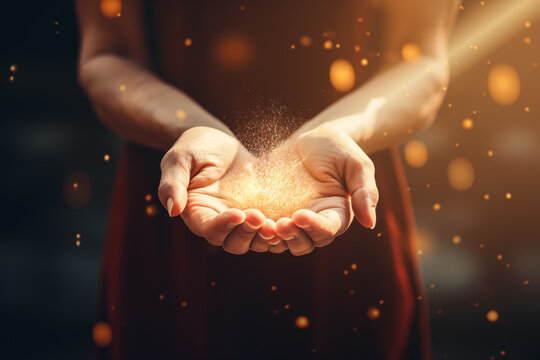 Light in hands. Sacred Worship: Human Hands in Eucharistic Prayer. Generative ai