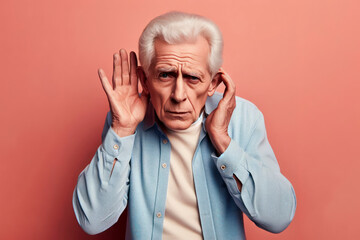 senior man with a funny face expression hard of hearing on solid color background. ai generative
