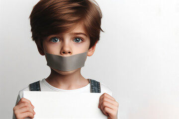 Little boy with gagged mouth holding white poster on solid white background. ai generative