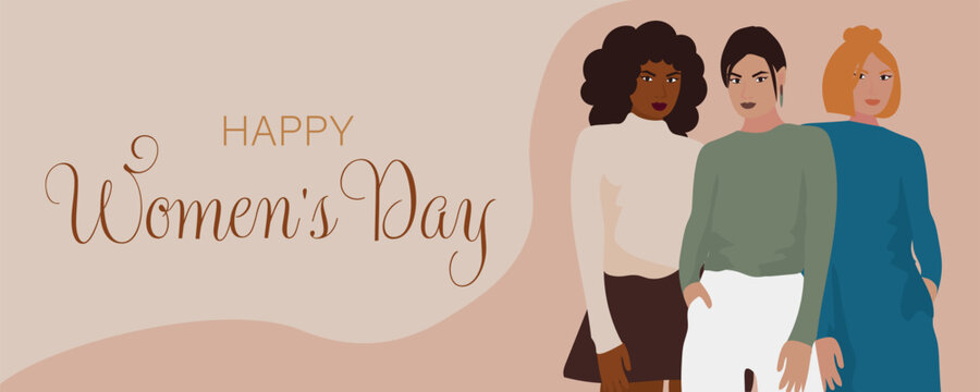 Greeting banner for March 8 with multiracial women on beige background. International Women Day celebration