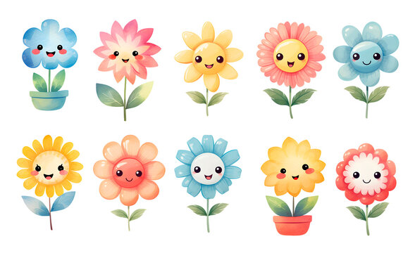 Cute cartoon flowers in kawaii style. Watercolor illustration of funny plants
