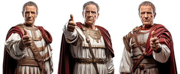 Portrait of Julius Caesar looking at camera and hand showing thumb up. Isolated on transparent background, png - obrazy, fototapety, plakaty