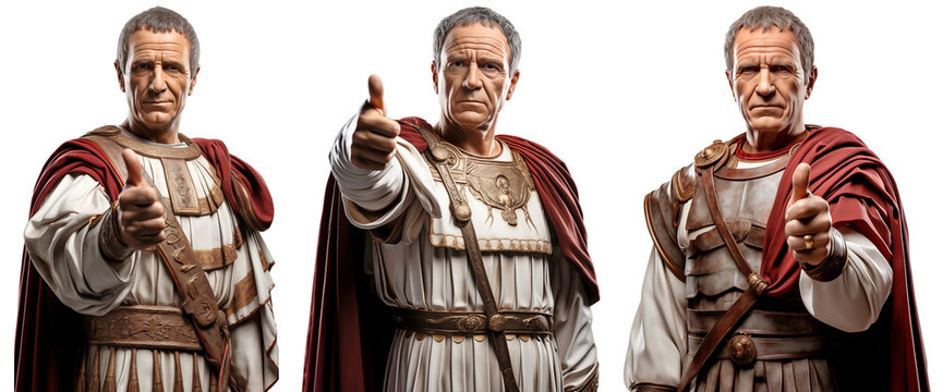 Portrait of Julius Caesar looking at camera and hand showing thumb up. Isolated on transparent background, png