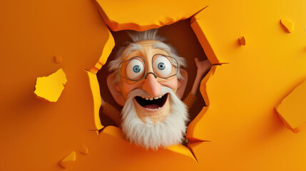 A crazy laughing grandpa looks through a hole in an orange wall, smiling, cartoon illustration