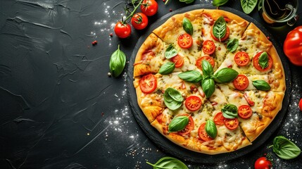 An appetizing Margherita pizza adorned with vibrant basil leaves and juicy cherry tomatoes on a rustic dark surface, exuding Italian cuisine charm, flat lay, Copy space for text
