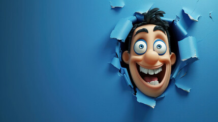 A crazy laughing man looks through a hole in a blue wall, smiling, cartoon illustration - obrazy, fototapety, plakaty