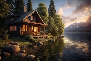 Fotobehang Luxury chalet on the lake at sunset. House by the river at the foot of the mountains © Татьяна Евдокимова