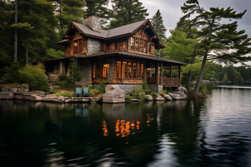 Japanese country house on the shore of a lake surrounded by coniferous trees in the evening