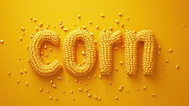 word "corn" created with densely packed yellow corn kernels on a bright yellow background, emphasizing the abundance and energy associated with corn.