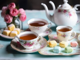 Fototapeta premium Traditional tea with white tea set floral dishware with candies