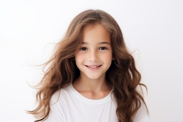 Portrait of a cute little girl with long hair on a white background