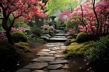 Japanese garden with stone path and blooming pink flowers in spring time - obrazy, fototapety, plakaty