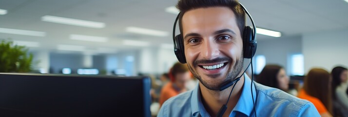 Smiling Latina man with headphones and microphone in a call center, banner - obrazy, fototapety, plakaty