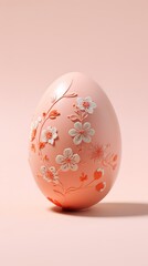 Delicate floral Easter egg on a soft trendy fuze peach pink backdrop, symbolizing renewal and spring festivities.