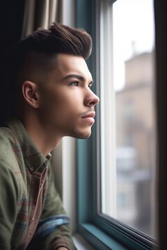 Shot Of A Young Man Staring Out The Window