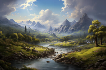 Fantasy landscape with mountains and river. Digital art painting.