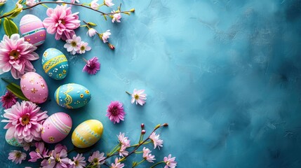Obraz na płótnie Canvas A group of eggs and flowers on blue background