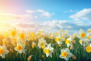 Obraz premium Beautiful panoramic spring nature background with daffodil flowers