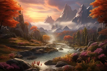 Fototapete Fantasy landscape with mountains, river and forest. Digital painting. © Татьяна Евдокимова