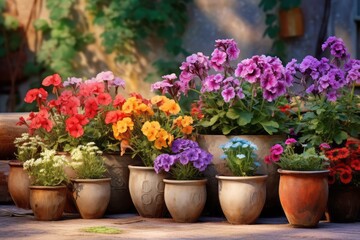 Fototapeta na wymiar Beautiful colorful variety of spring and summer flowers in pots on the patio