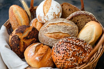 Variety of bakery bread products in basket.