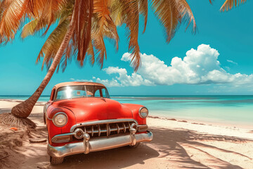 Red old car parked on a tropical beach