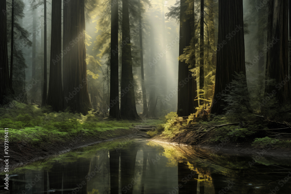 Poster sun's rays in the haze break through the branches of tall coniferous trees on the shore of the lake