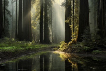 sun's rays in the haze break through the branches of tall coniferous trees on the shore of the lake