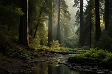 Forest landscape, the sun's rays in the haze break through the branches of tall coniferous trees. Stream in the foreground