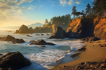 Landscape of coastal waves hitting the steep shore covered with coniferous forest at sunset