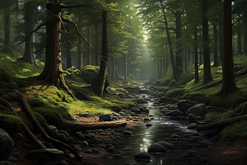 Dark mysterious spring forest with river flowing through it.