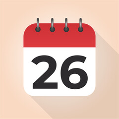Calendar day 26. Number twenty six on a white paper with red border on beige background vector. 26th Day.