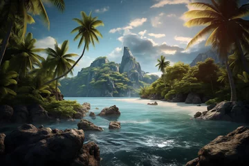 Poster Tropical beach with palm trees and blue sea against the backdrop of an extinct volcano © Татьяна Евдокимова