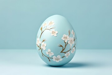 Delicate floral pattern Easter egg on soft pastel blue background, symbolizing renewal and spring festivities.