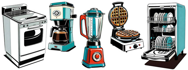 Collection of vintage illustrations with effects Halftone cartoon style in 1950's, Illustration of electrical appliance, Transparent background PNG.
