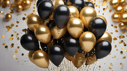 golden and black balloons and confetti for a holiday celebration like birthday anniversary. wallpaper background for ads or gifts wrap and web design. Generative AI