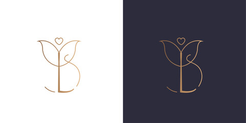 Letter L and B logo flower and heart monogram, circle, minimal style identity initial logo mark. Golden gradient vector emblem logotype for business cards initials.