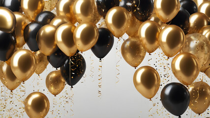 golden and black balloons and confetti for a holiday celebration like birthday anniversary. wallpaper background for ads or gifts wrap and web design. Generative AI