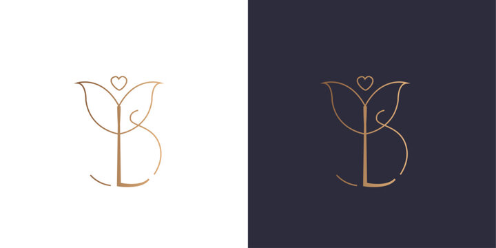 Letter L and B logo flower and heart monogram, circle, minimal style identity initial logo mark. Golden gradient vector emblem logotype for business cards initials.